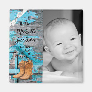 2"x2" Birth Announcement Magnet Blue Wood Barn Doo