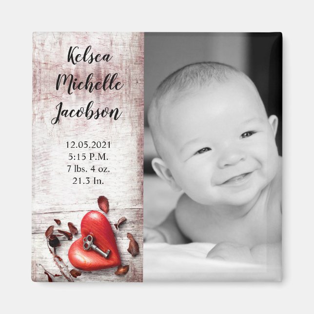 2"x2" Birth Announcement Magnet Country Wood Key t (Front)