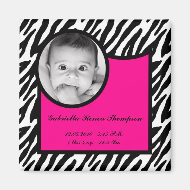 2"x2" Birth Announcement Magnet Hot Pink Zebra (Front)