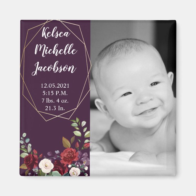 2"x2" Birth Announcement Magnet Plum Purple Roses (Front)