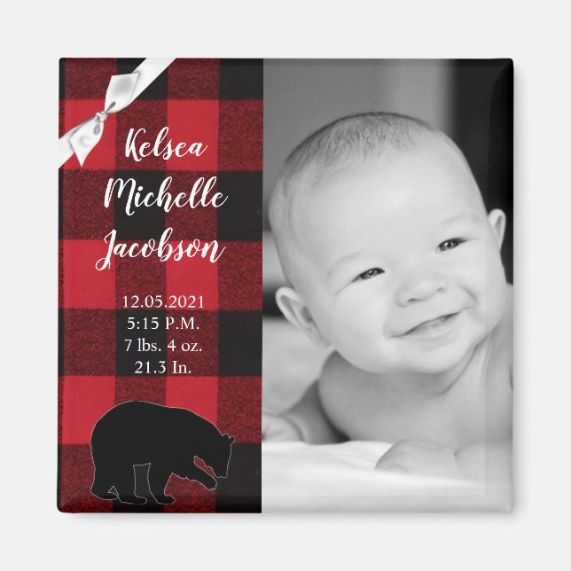 2"x2" Birth Announcement Magnet Red Buffalo Black (Front)