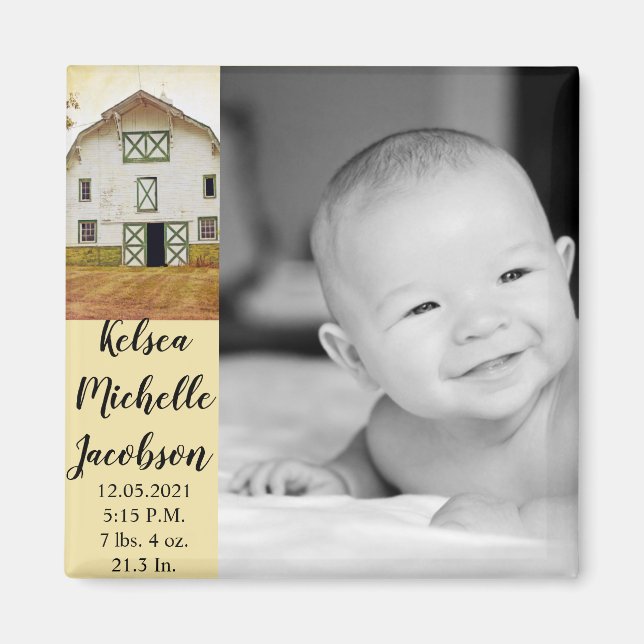 2"x2" Birth Announcement Magnet Sunset Barn Countr (Front)