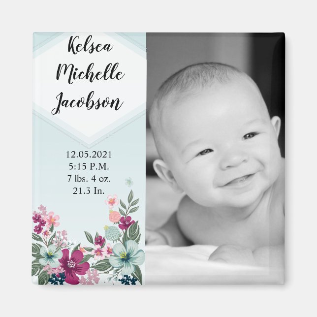 2"x2" Birth Announcement Magnet Tropical Flowers o (Front)