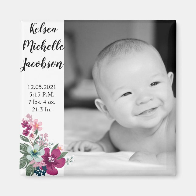2"x2" Birth Announcement Magnet Tropical Flowers o (Front)