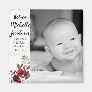 2"x2" Birth Announcement Magnet White Roses Gold G