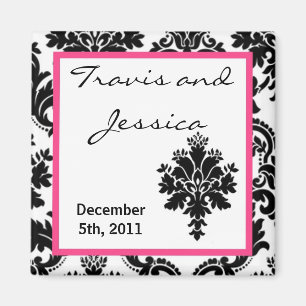 2"x2" Favour Magnet Black Hot Pink Damask Lace Pri