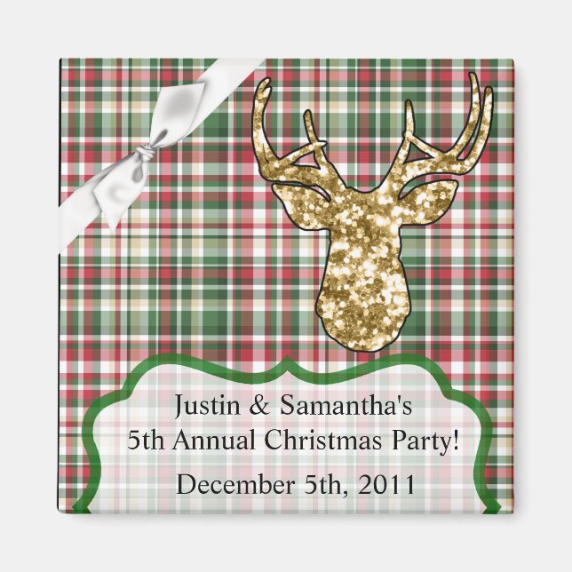 2"x2" Favour Magnet Gold Glitter Reindeer Plaid Bu (Front)