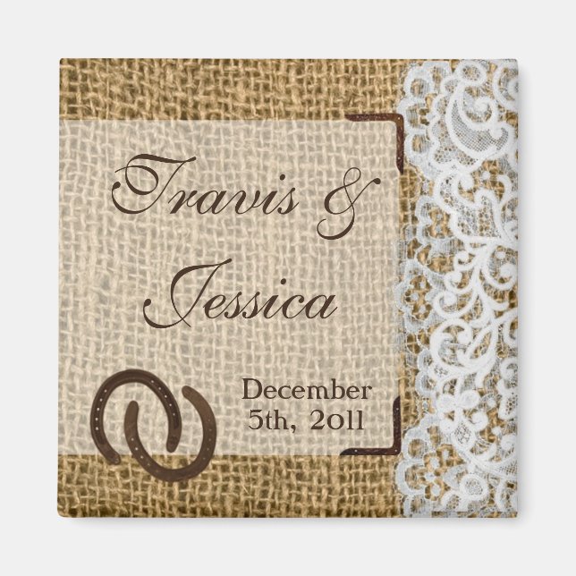 2"x2" Favour Magnet Horse Shoes on Burlap Lace Cou (Front)