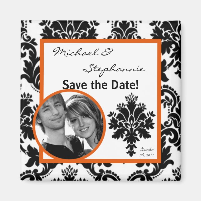 2"x2" Save the Date Magnet Black Orange Damask (Front)