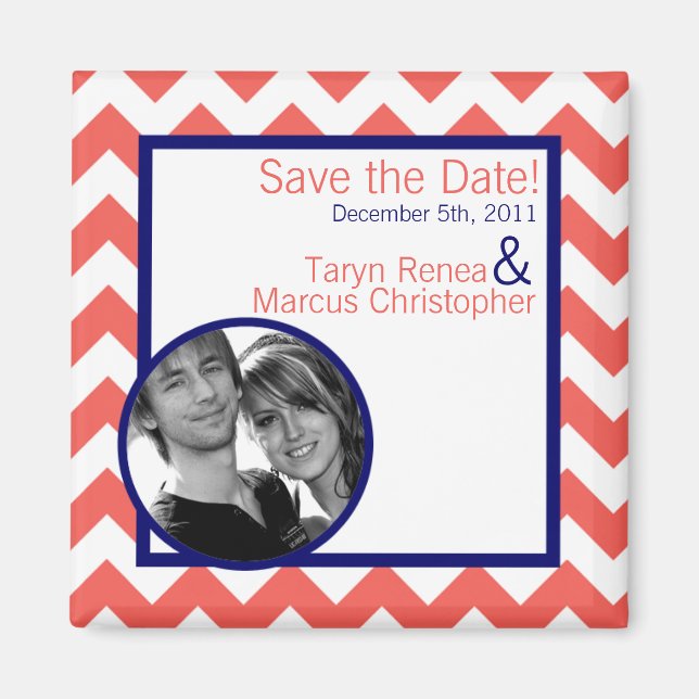2"x2" Save the Date Magnet Coral Navy Blue Chevron (Front)