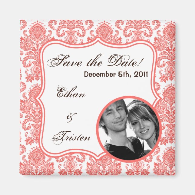 2"x2" Save the Date Magnet Coral White Damask Lace (Front)