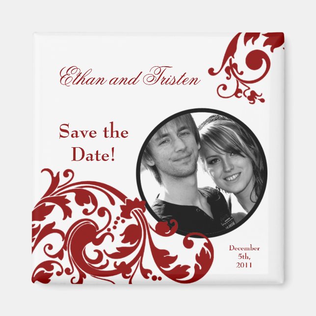 2"x2" Save the Date Magnet Crimson Red Floral (Front)