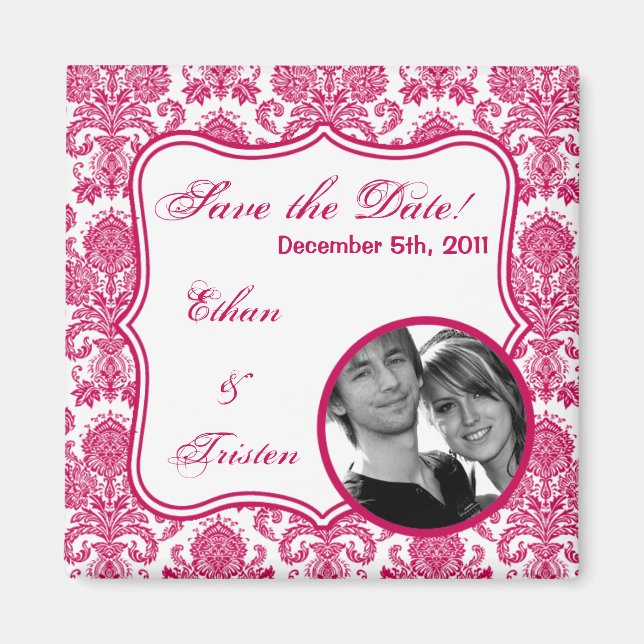 2"x2" Save the Date Magnet Fusia White Damask Lace (Front)