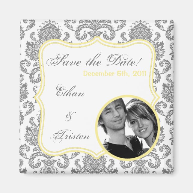2"x2" Save the Date Magnet Grey Yellow Damask Lace (Front)