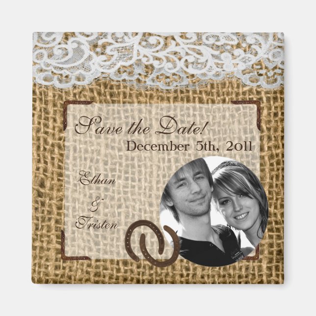 2"x2" Save the Date Magnet Horse Shoes on Burlap (Front)
