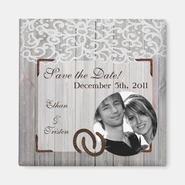 2"x2" Save the Date Magnet Horse Shoes on Wood (Front)