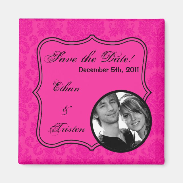 2"x2" Save the Date Magnet Hot Pink Damask Lace (Front)