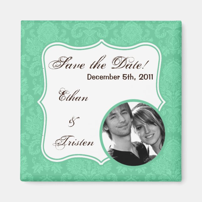 2"x2" Save the Date Magnet Mint White Damask Lace (Front)