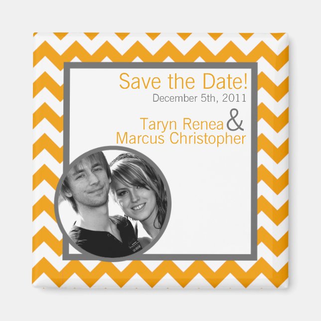2"x2" Save the Date Magnet Yellow Grey Gra Chevron (Front)