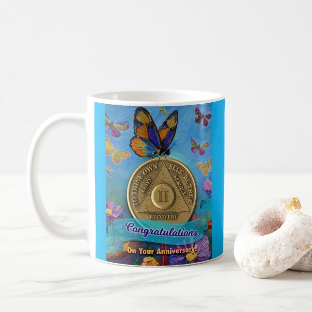 2 Year AA Coin Congratulations Butterflies Coffee  Mug (With Donut)