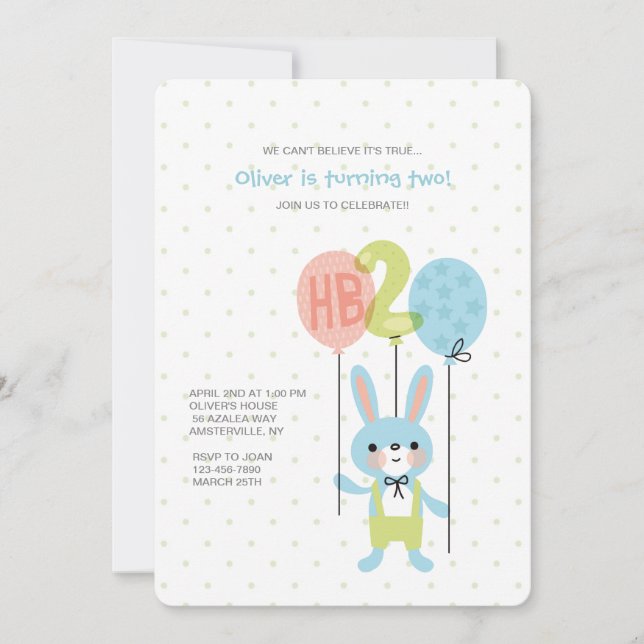 2 Year Old Bunny Birthday Invitation (Front)