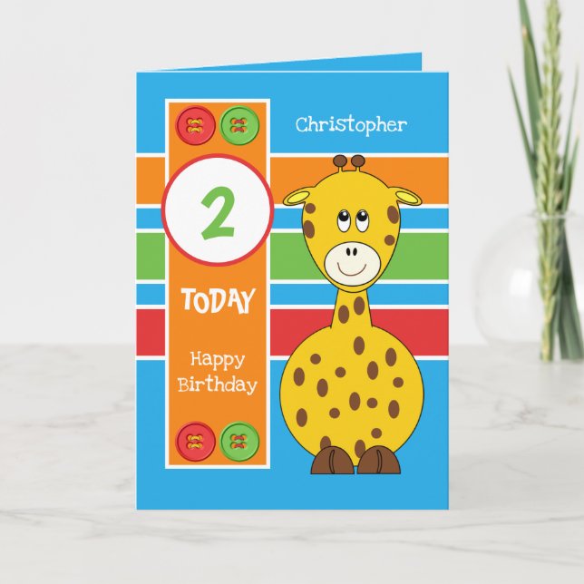 2 years old any age giraffe kids birthday blue card (Front)