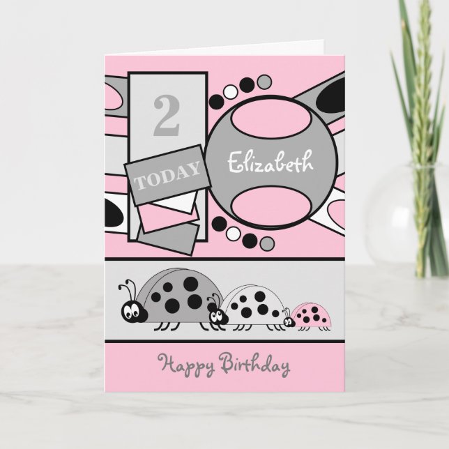 2 years old any age ladybirds pink grey birthday card (Front)