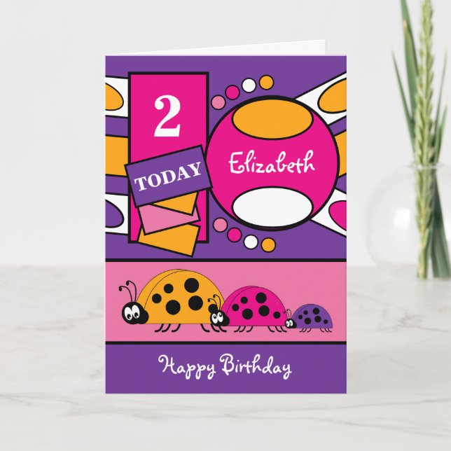 2 years old any age ladybirds purple pink card (Front)