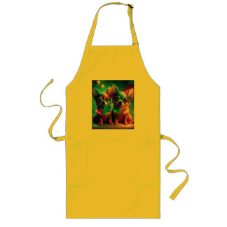 2 Young Chihuahua Pups In Colorful Christmas Scene Long Apron