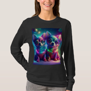 2 Young Chihuahua Pups In Colorful Christmas Scene T-Shirt