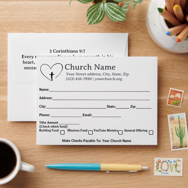 2Cor9 Heart Cross Church Tithe Offering Collection Envelope (Desk)