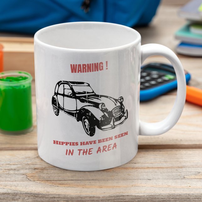2CV Deux Chevaux Hippie Warning Coffee Mug (2CV Mug in White with a Red Text and Black Deux Chevaux Illustration)