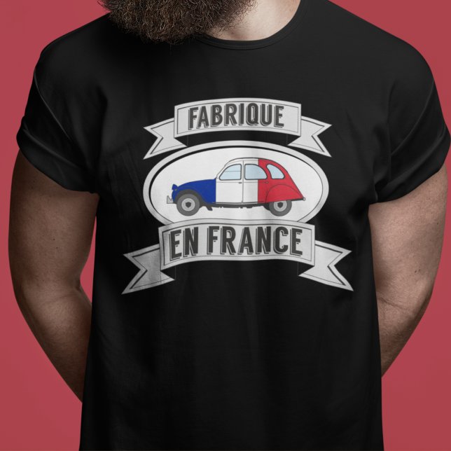2CV French Flag Badge Manufactured in France T-Shirt (2CV T-Shirt in Black with a Red White Blue Deux Chevaux Illustration)