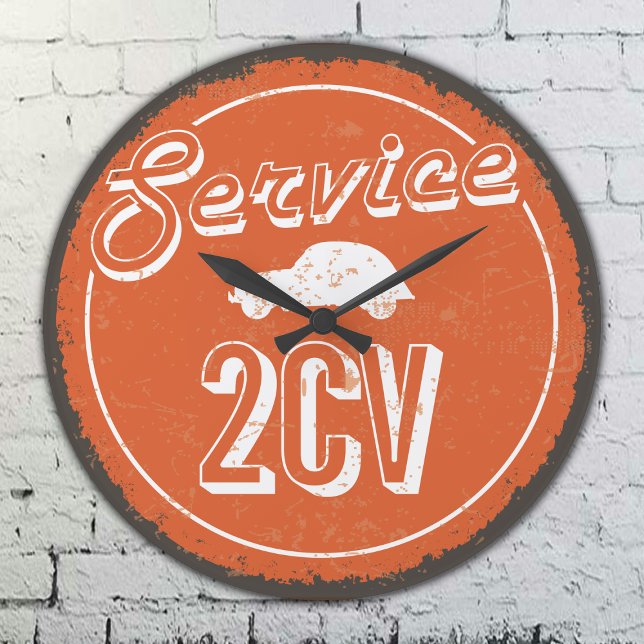 2CV Service Vintage Orange Carshop Typography  Large Clock (2CV Clock in Orange with a White Vintage Text and Deux Chevaux Illustration)