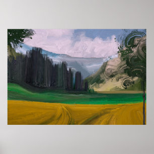 2d illustration. Oil painting landscape art. Rural Poster