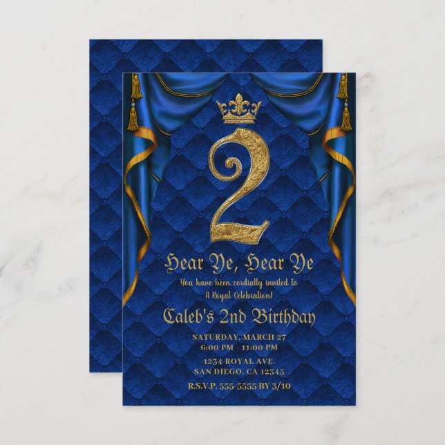 2ND 2 TWO Birthday Party Royal Blue Gold Crown    Invitation (Front/Back)