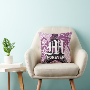 2nd Anniversary Cotton Plum Eiffel Tower Monogram Cushion
