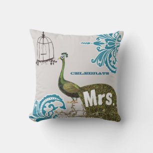 2nd Anniversary Damask Peacock Birdcage Mrs. Cushion
