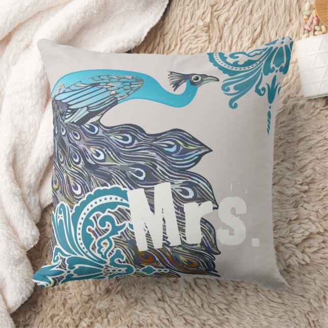 2nd Anniversary is Cotton Teal Navy Peacock Damask Cushion (Blanket)