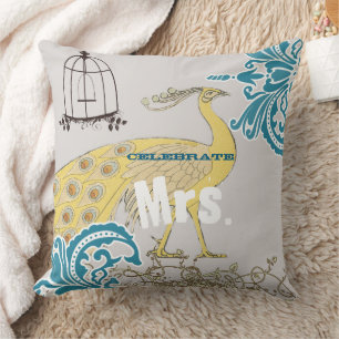 2nd Anniversary Teal Yellow Coral Damask Birdcage Cushion