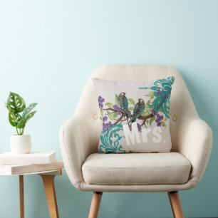 2nd Anniversary Vintage Teal Birds Purple Blooms Cushion