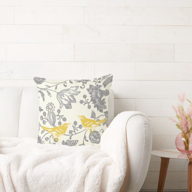 2nd Anniversary Yellow Grey Ivory Floral Lovebird Cushion (Couch)