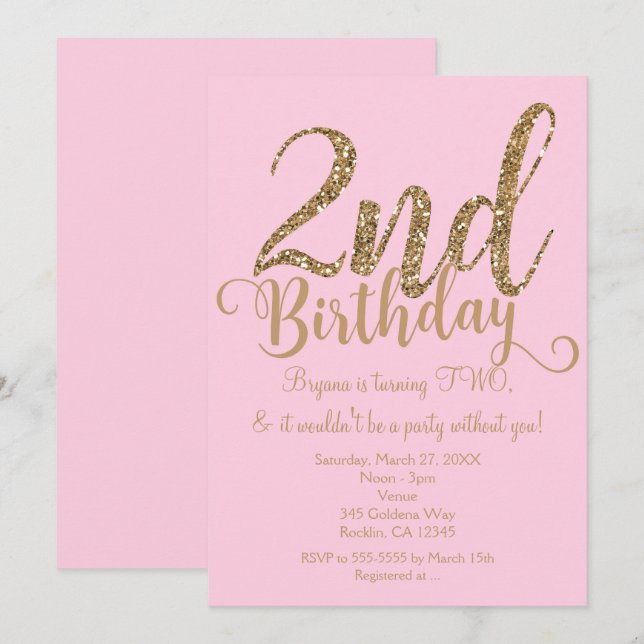2nd BIRTHDAY 2 Pink & Gold Party TWO Invitations (Front/Back)