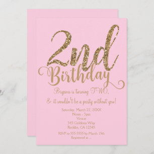 2nd BIRTHDAY 2 Pink & Gold Party TWO Invitations