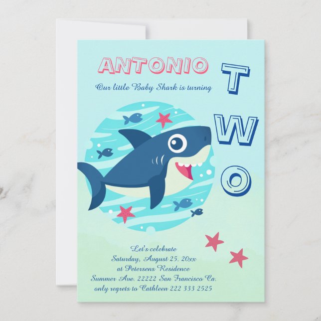 2nd birthday baby shark under the sea cute invitation (Front)