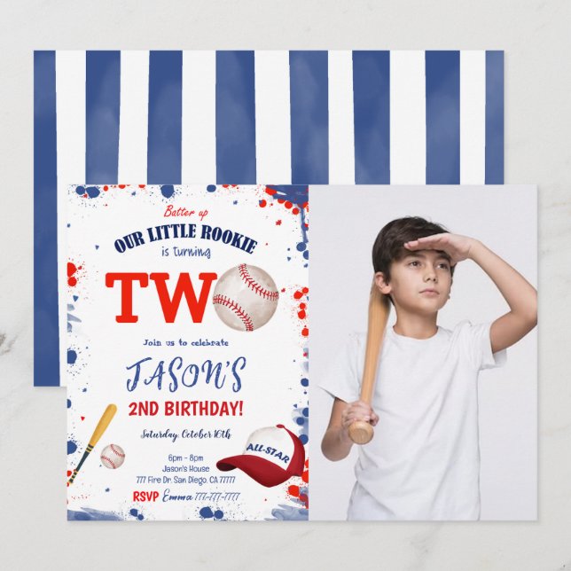 2ND Birthday Baseball Photo Invitation (Front/Back)