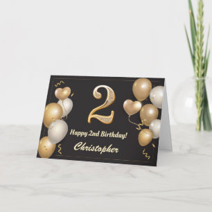 2nd Birthday Black and Gold Balloons Birthday Card