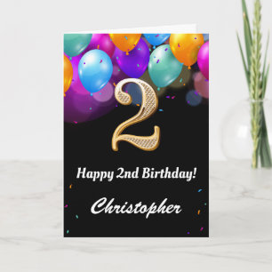 2nd Birthday Black and Gold Colourful Balloons Car Card