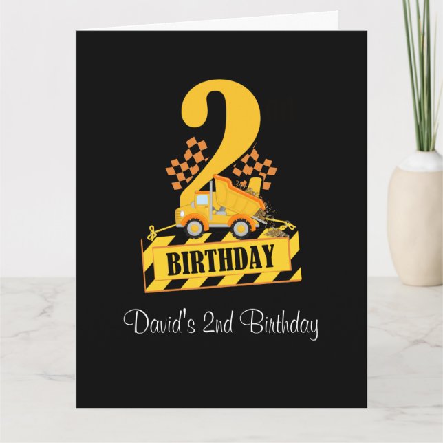 2nd Birthday Black and Yellow Construction Truck  Card (Front)