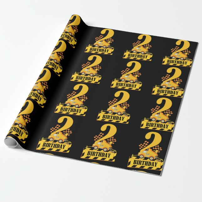 2nd Birthday Black and Yellow Construction Truck  Wrapping Paper (Unrolled)